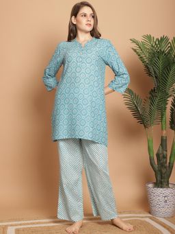 Indreams - Printed Pure Cotton Mandarin Collar Night suit (Set of 2)