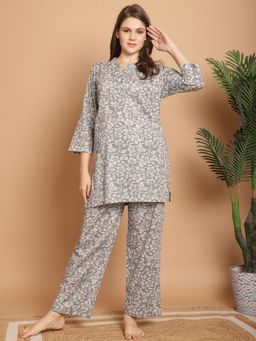 Indreams - Printed Pure Cotton Mandarin Collar Night suit (Set of 2)