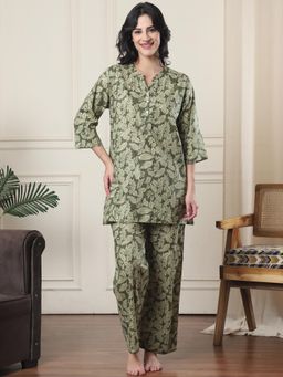 Indreams - Women Tropical Printed Kurti and Pyjama Night suits (Set of 2)