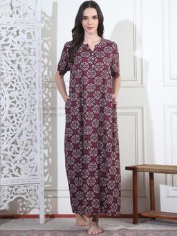 Indreams - Printed Short Sleeves Cotton Maxi Nightdress
