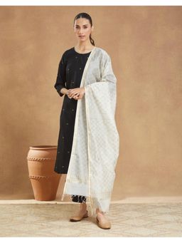 Fabindia - Off White Cotton Silk Blend Hand Block Printed Dupatta