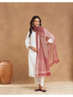 Fabindia - Red Cotton Silk Hand Block Printed Dupatta