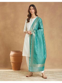 Fabindia - Teal Cotton Silk Blend Banarsi Dupatta