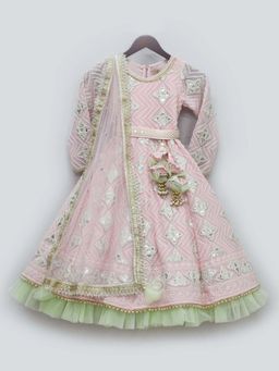 Fayon Kids - Pink Gotta Anarkali With Green Net Frills