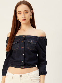 Xpose - Navy Blue Off-Shoulder Pure Cotton Denim Bardot Top