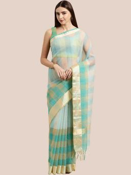 Rajnandini - Turquoise and Beige kota Doria Cotton Printed Traditional Saree with Unstitched Blouse