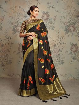 Odette - Black Weaved Jacquard Silk Designer Saree with Unstitched Blouse