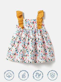 Nautinati - Yellow Placement Printed Ruffles Pure Cotton A-Line Dress