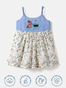 Nautinati - Blue-White Floral Printed Shoulder Strap with Yoke Embroidery A-Line Dress