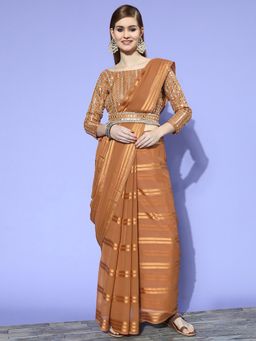 Sareemall - Women's Georgette Rust Embellished Belted Sarees with Unstitched Blouse
