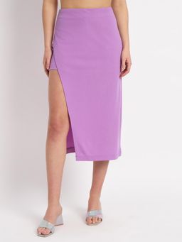 ZASTRAA - Solid Side Slit Straight Midi Skirt With Attached Inner Shorts - Lavender