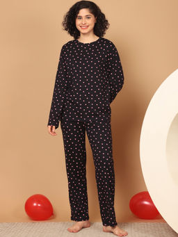 Kanvin - Womens Navy Blue Polka Dots Full Sleeve T-Shirt with Pyjama (Set of 2)