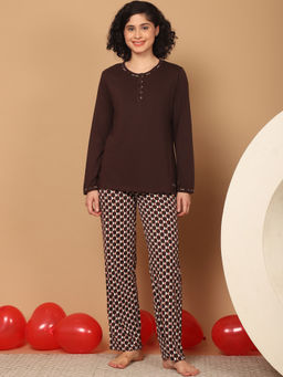 Kanvin - Womens Brown Printed Full Sleeve T-Shirt with Pyjama (Set of 2)