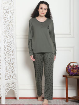 Kanvin - Womens Olive Floral Full Sleeve T-Shirt with Pyjama (Set of 2)