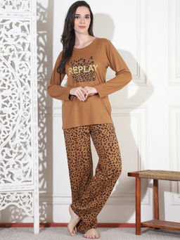 Kanvin - Womens Mustard Animal Print Full Sleeve T-Shirt with Pyjama (Set of 2)