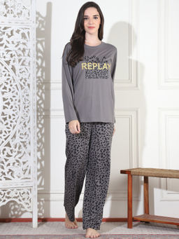 Kanvin - Womens Grey Animal Print Full Sleeve T-Shirt with Pyjama (Set of 2)