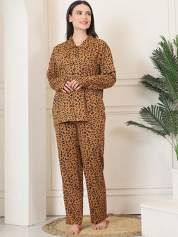 Kanvin - Womens Mustard Animal Print Full Sleeve Shirt with Pyjama (Set of 2)