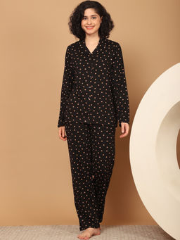 Kanvin - Womens Black Polka Dots Full Sleeve Shirt with Pyjama (Set of 2)