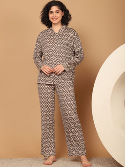Kanvin - Womens Grey Printed Full Sleeve Shirt with Pyjama (Set of 2)