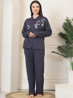 Kanvin - Womens Blue Embroidered Full Sleeve Shirt with Pyjama (Set of 2)