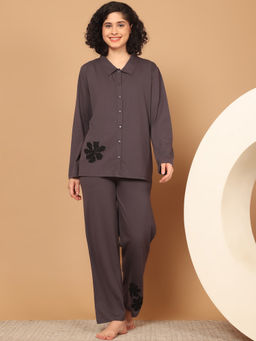 Kanvin - Womens Dark Grey Full Sleeve Shirt with Pyjama (Set of 2)