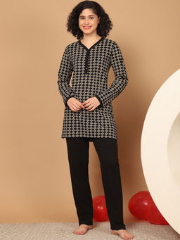 Kanvin - Womens Black Geometric Full Sleeve Top with Pyjama (Set of 2)