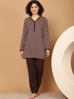 Kanvin - Womens Brown Printed Full Sleeve Top with Pyjama (Set of 2)