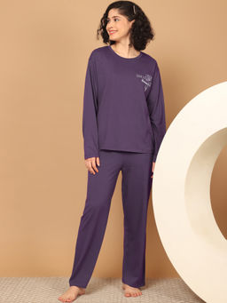 Kanvin - Womens Purple Solid Full Sleeve T-Shirt with Pyjama (Set of 2)