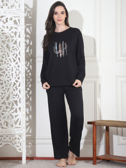 Kanvin - Womens Black Printed Full Sleeve T-Shirt with Pyjama (Set of 2)