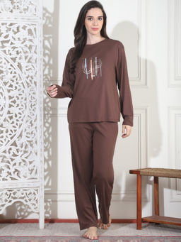 Kanvin - Womens Brown Printed Full Sleeve T-Shirt with Pyjama (Set of 2)