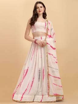 Amrutam Fab - Women's Georgette Shibori Print With Lace Lehenga Choli (Set of 3)