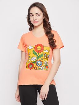 Clovia - Text & Graphic Print Top In Peach- 100 Percent Cotton