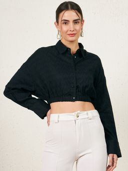 Marie Claire - Women Casual Black Colour Shirt Collar Self Design Cinched Waist Top