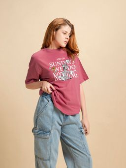 Bewakoof - Official Tom & Jerry Women's Pink Sundays We Do Nothing Graphic Printed Oversized T-shirt