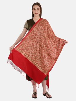 MUFFLY - Silky Pashmina Fine Wool Nalki Border Embroidered Needle Work Stole Maroon