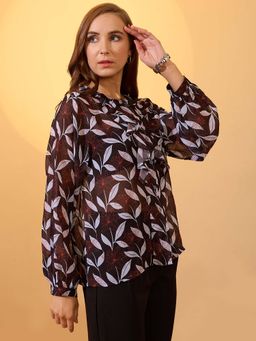 Globus - Women Black Mandarin Collar Long Sleeves Floral Print Georgette Shirt Style Top