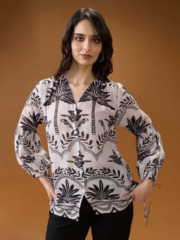 Globus - Women Black And White Tribal Print V-Neck Bishop Sleeves Shirt Style Top