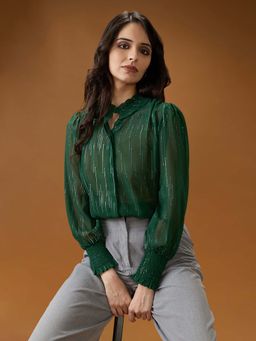 Globus - Women Green Frilled Neck Bishop Sleeves Sequinned Detail Georgette Shirt Style Top