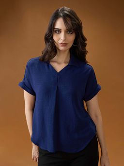 Globus - Women Blue Collared Neck Extended Sleeves Shirt Style Workwear Top