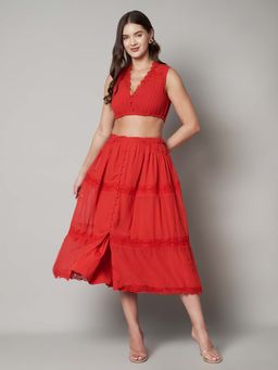 AMAGYAA - Womens Red Georgett Crop Top And Pleated Skirt With Lace Detail