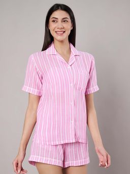 AMAGYAA - Pink Striped Pure Cotton 3-Piece Night Suit Set