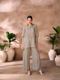 Odette - Grey Organza Embellished Stitched Co-Ord Set For Women