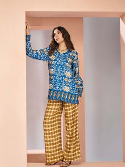 Odette - Blue Linen Printed Stitched Co-Ord Set For Women