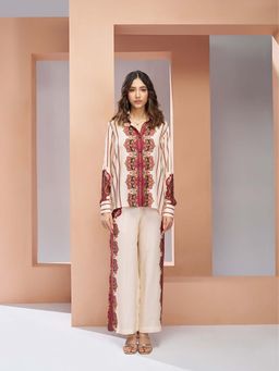 Odette - Cream Linen Printed Stitched Co-Ord Set For Women