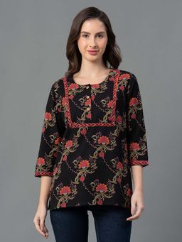 Mode by Red Tape - Black Floral Print Pure Cotton Womens Top