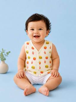 Kidbea - White Printed Muslin Regular Fit Jhabla