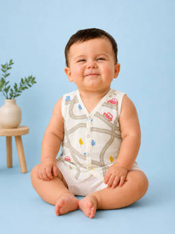 Kidbea - White Printed Muslin Regular Fit Jhabla