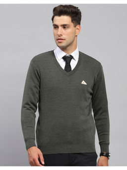 Monte Carlo - Mens Olive Green Solid V Neck Full Sleeve Pullover