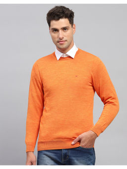 Monte Carlo - Mens Orange Solid Round Neck Full Sleeve Pullover
