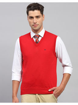 Monte Carlo - Mens Red Solid V Neck Sleeveless Sweater